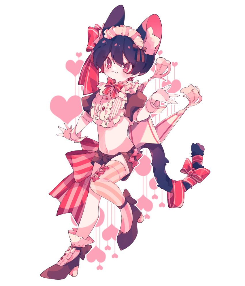 1boy absurdres animal_ear_fluff animal_ears asymmetrical_legwear bib_collar black_hair blush bow bowtie brown_shoes cat_boy cat_ears cat_tail closed_mouth commentary dated_commentary double-parted_bangs fang fang_out frilled_socks frills full_body hair_ribbon heart high_heels highres leg_up maid_headdress male_focus navel original ozureiji puffy_short_sleeves puffy_sleeves red_bow red_bowtie red_eyes red_ribbon ribbon shoes short_hair short_sleeves single_thighhigh skin_fang smile socks solo symbol-only_commentary tail tail_ornament tail_ribbon tassel thighhighs trap tsurime white_socks wrist_cuffs yellow_thighhighs