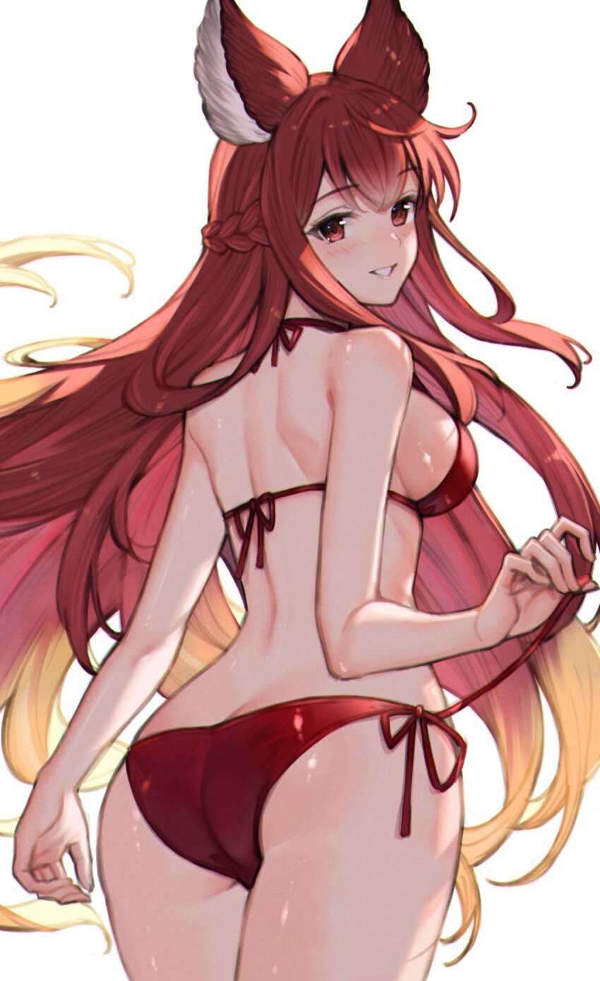 1girl animal_ears anthuria bikini breasts granblue_fantasy highres koretsuki_azuma large_breasts long_hair median_furrow red_bikini red_eyes red_hair shoulder_blades simple_background smile solo swimsuit teeth white_background