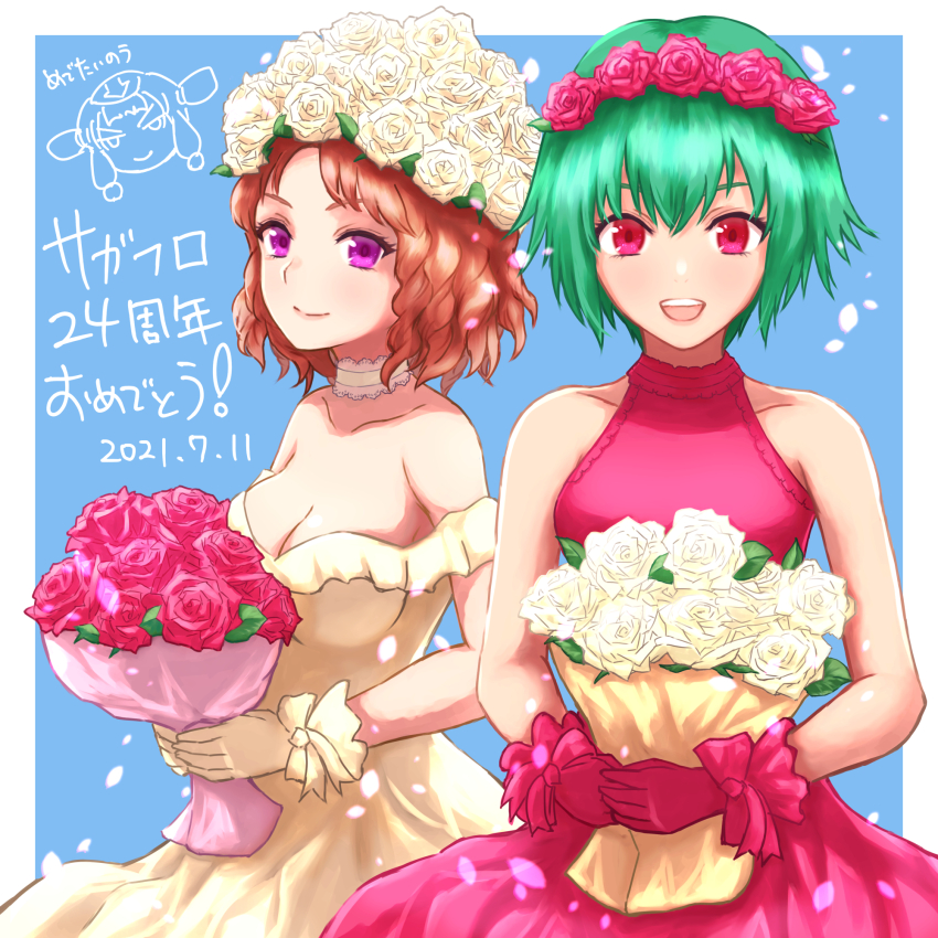 2girls asellus_(saga_frontier) breasts brown_hair cleavage closed_mouth curly_hair dress flat_chest flower gloves green_hair hair_flower hair_ornament highres kitaokasensei long_hair looking_at_viewer medium_breasts multiple_girls open_mouth princess_rei princess_white_rose red_eyes red_flower red_rose rose saga saga_frontier short_hair simple_background smile wedding_dress white_flower white_rose