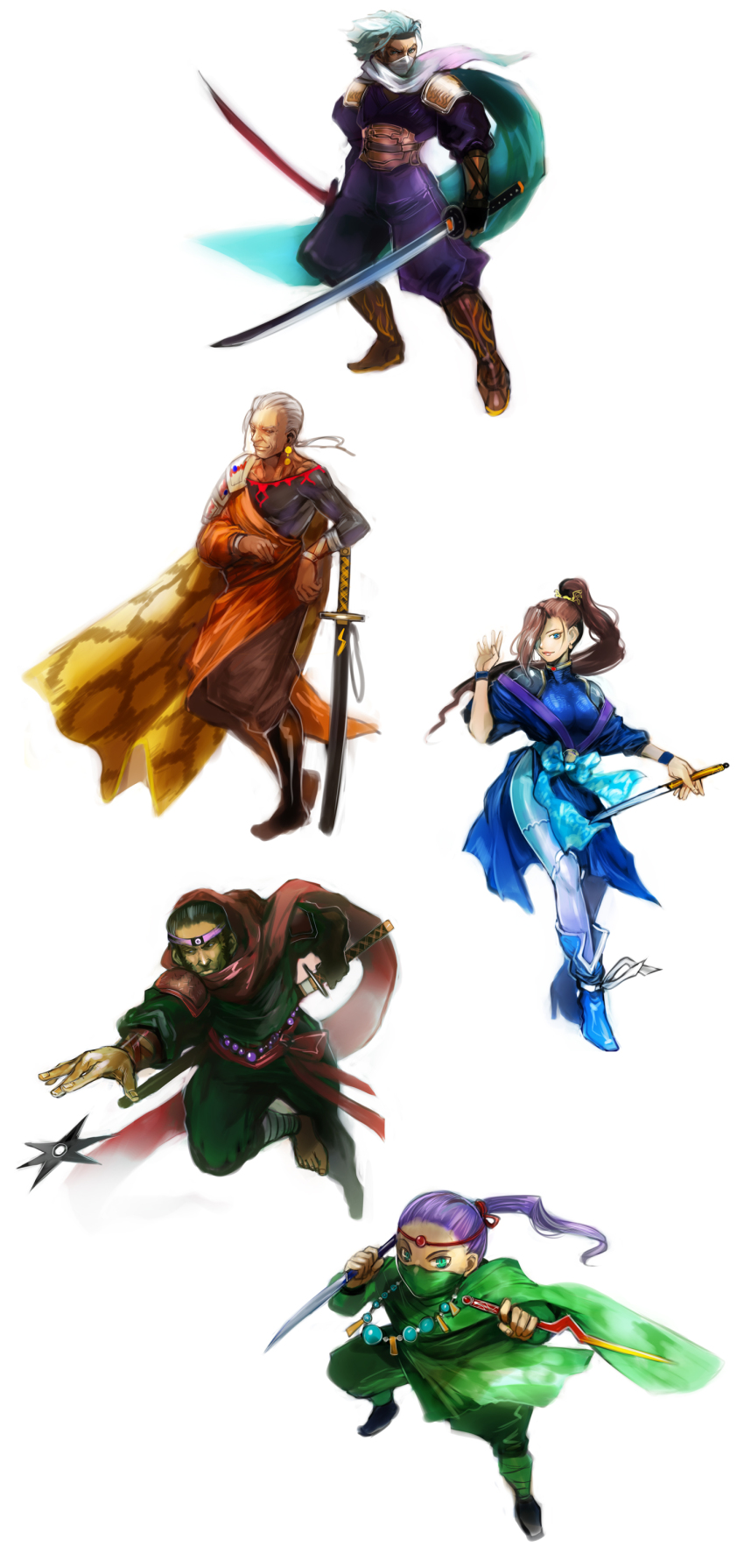 1990s_(style) 2girls 3boys absurdres black_hair blue_eyes brown_hair cape dual_wielding edward_geraldine final_fantasy final_fantasy_iv final_fantasy_iv:_the_after_years gekkou green_eyes highres holding izayoi moreshan multiple_boys multiple_girls ninja ninja_(final_fantasy) purple_hair shuriken sword tsukinowa_(ff4) weapon white_hair zangetsu_(ff4)