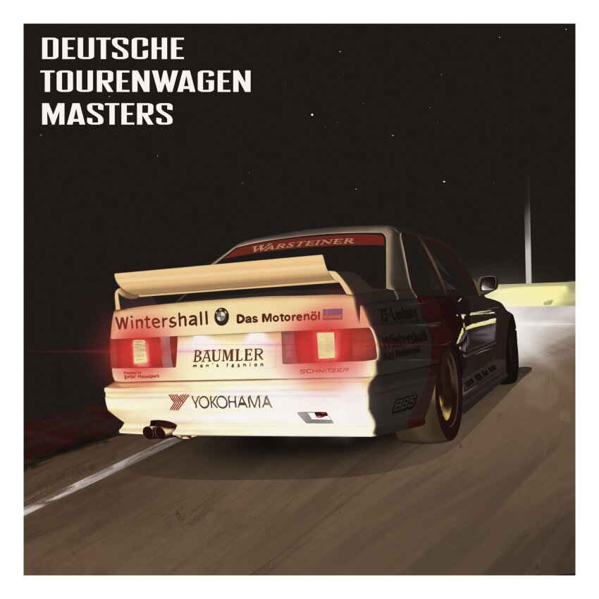 bmw bmw_3_series bmw_e30 bmw_m3 border car copyright_name deutsche_tourenwagen_masters from_behind glowing highres motor_vehicle night no_humans race_vehicle racecar sei_illustrations spoiler_(automobile) sports_car star_(sky) vehicle_focus white_border