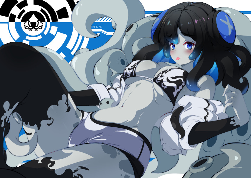 1girl absurdres animahakim bikini blue_eyes bodypaint breasts cleavage colored_skin commission commissioner_upload grey_skin highres jacket jacket_on_shoulders large_breasts looking_at_viewer lying medium_breasts monster_girl on_back original phyluma_(teuthidan) scylla short_shorts shorts solo swimsuit tentacle_hair tentacles tongue tongue_out