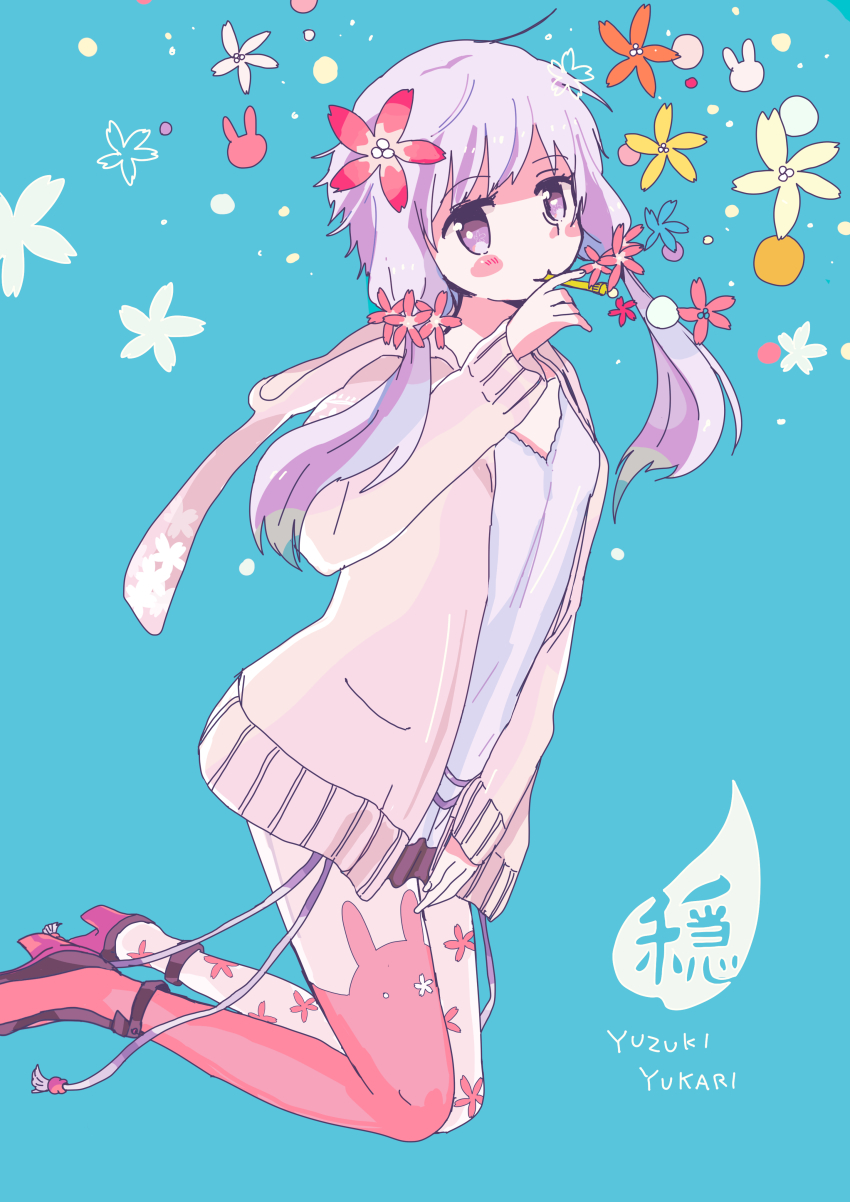 1girl absurdres animal_hood asymmetrical_legwear blowing_bubbles blue_background blush_stickers bubble_wand character_name closed_mouth commentary_request dress floral_print_thighhighs flower full_body hair_flower hair_ornament hand_up high_heels highres holding hood hood_down hoodie kyarai-417 long_sleeves looking_at_viewer mismatched_legwear pink_flower pink_hoodie pink_thighhighs purple_dress purple_eyes purple_hair rabbit_hood rabbit_symbol short_dress simple_background smile solo strappy_heels thighhighs vocaloid voiceroid yuzuki_yukari yuzuki_yukari_(onn)