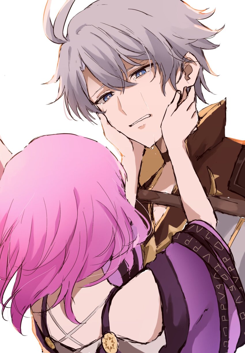 1boy 1girl ahoge blue_eyes coat commentary cyrene_(honkai:_star_rail) grey_hair hand_on_another&#039;s_cheek hand_on_another&#039;s_face highres honkai:_star_rail honkai_(series) looking_at_another phainon_(honkai:_star_rail) pink_hair purple_coat short_hair simple_background upper_body white_background yudemame1027