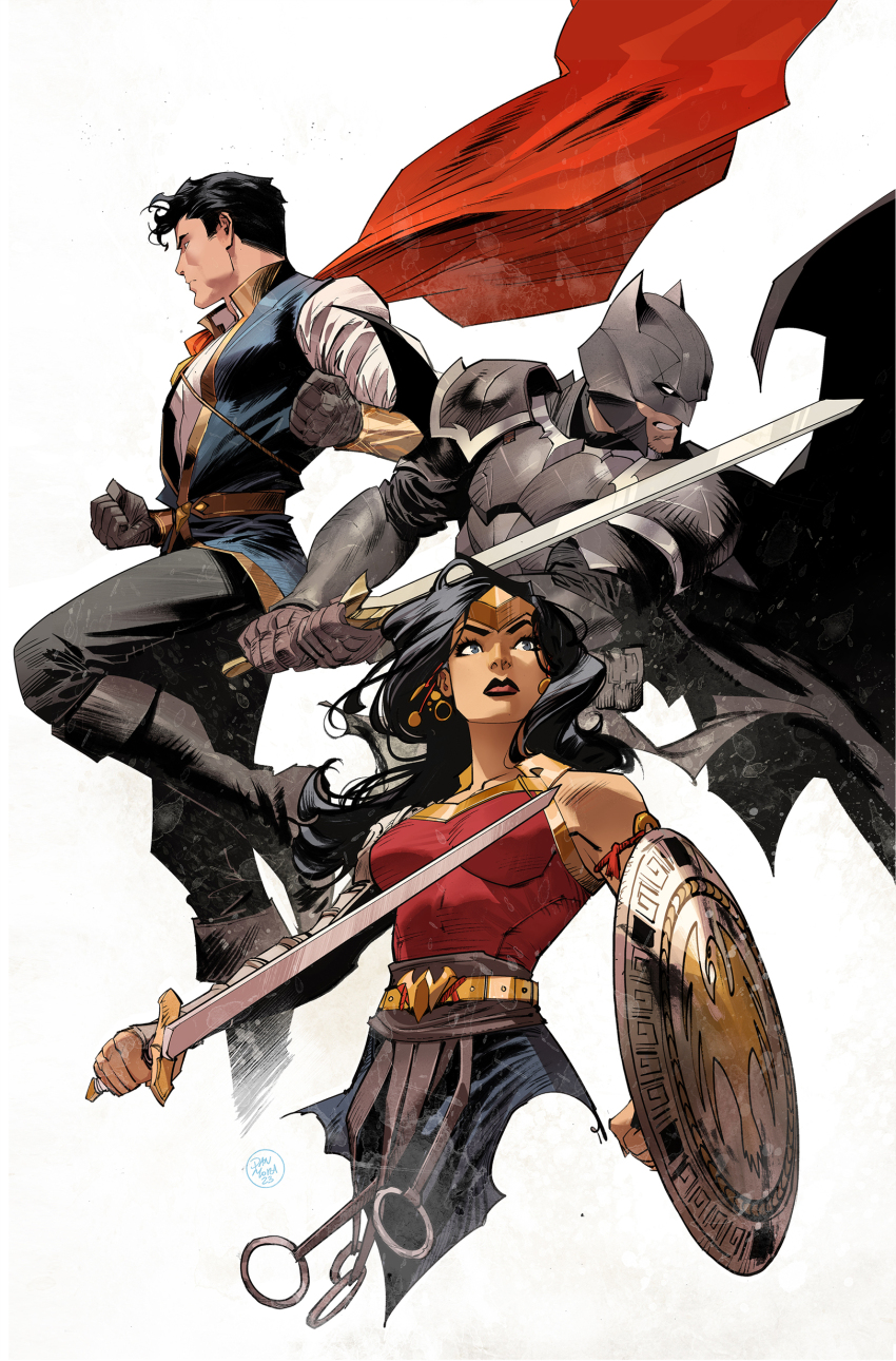 1girl 2boys absurdres armband armor armored_dress bare_shoulders batman batman_(series) belt black_armor black_boots black_bracer black_cape black_hair black_mask black_pants black_shirt blue_skirt blue_vest boots bracer breasts cape collared_vest dan_mora dc_comics dress earrings eyelashes facing_away floating_cape floating_hair gloves gold_belt gold_bracer gold_earrings gold_tiara grey_eyes grey_gloves highres holding holding_shield holding_sword holding_weapon jewelry long_hair looking_ahead looking_to_the_side looking_up mask mature_female mature_male multiple_boys pants pauldrons red_armband red_cape red_dress red_lips shield shirt short_hair shoulder_armor signature simple_background skirt striped_clothes striped_dress striped_shirt striped_vest superman superman_(series) sword tiara vertical-striped_clothes vertical-striped_vest vest waistband weapon white_background white_shirt wonder_woman wonder_woman_(series)