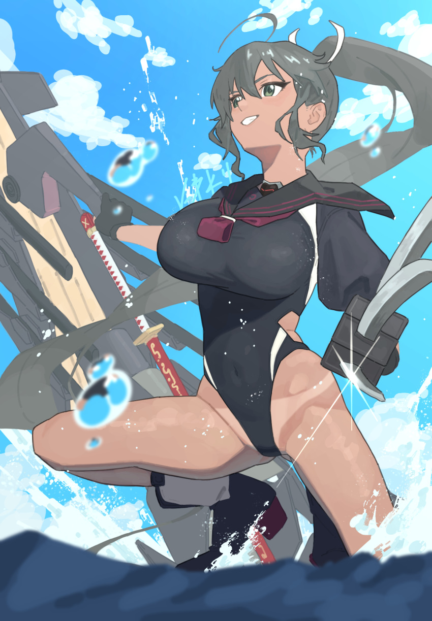 azur_lane bikini_tan black_hair black_one-piece_swimsuit black_sailor_collar black_serafuku blue_sky breasts competition_swimsuit covered_navel dark-skinned_female dark_skin day fingerless_gloves gloves green_eyes high_ponytail highres homura_(senran_kagura) katana large_breasts long_hair multiple_swords multiple_wielding niwatori5948 ocean one-piece_swimsuit ponytail ribbon rigging sailor_collar school_uniform senran_kagura serafuku sky smile solo swimsuit sword tan tanline tsuba_(guard) weapon white_ribbon
