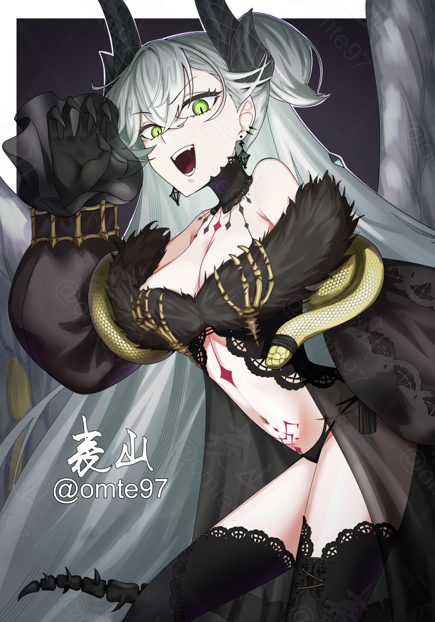 absurdres black_hands bone_tail colored_extremities fate/grand_order fate_(series) gold_snake golden_feathers great_mother_temptation grey_wings hair_around_horn highres lace-trimmed_robe lilith_(fate) lilith_(third_ascension)_(fate) neck_collar omte97 see-through_robe shiny_horns skeletal_bracelet skeletal_hand skeletal_tail snake snake_wrapped_around_arm toe_claws very_long_robe wings