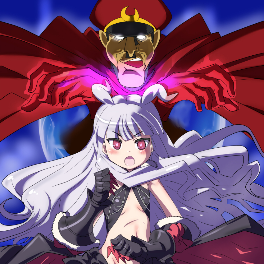 10s 1boy 1girl antenna_hair aura bare_shoulders blunt_bangs blush cape chancellor_(eagle_talon) crossover eagle_talon facial_hair fur_trim gauntlets gloves hat heart heart-shaped_pupils highres hoshimiya_kate long_hair lowleg lowleg_skirt midriff military military_uniform mustache no_mask open_mouth peaked_cap red_eyes sekai_seifuku:_bouryaku_no_zvezda silver_hair skirt star_(symbol) symbol-shaped_pupils tamanegiya teeth venera-sama very_long_hair