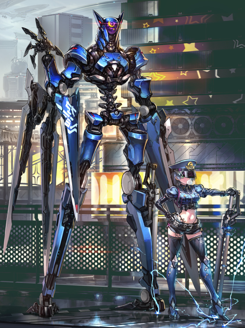 1girl absurdres belt blowing_bubbles breasts building chewing_gum cropped_jacket electricity full_body go-malniju green_eyes grey_hair guard_rail hand_on_own_hip hat highres joints mecha medium_breasts midriff navel necktie original peaked_cap planted police police_uniform policewoman robot robot_joints science_fiction short_shorts shorts skyscraper standing tattoo thighhighs