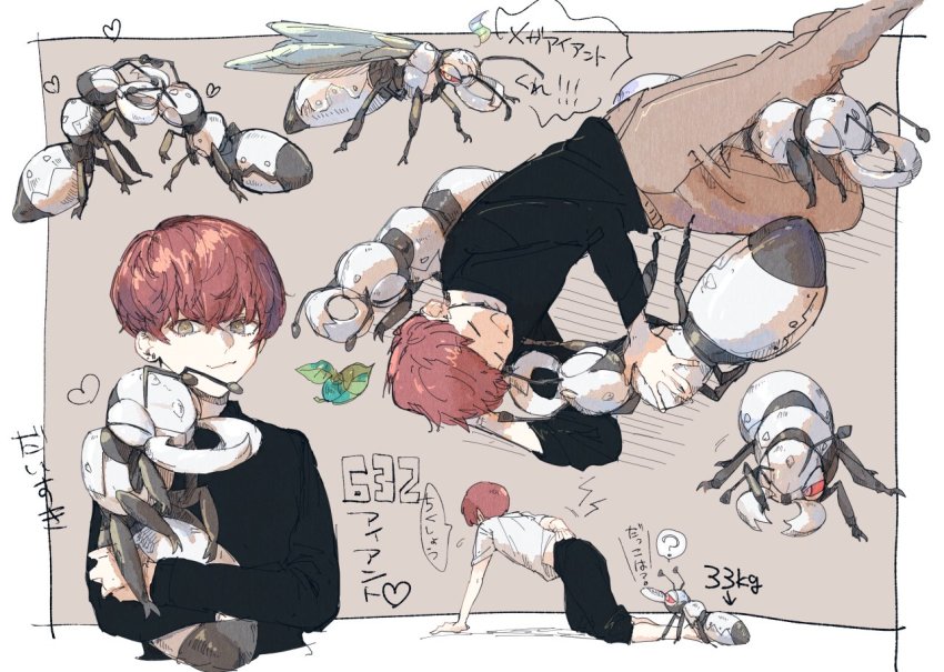 1boy all_fours arm_behind_back black_pants black_sweater brown_pants closed_eyes closed_mouth commentary_request durant gen_5_pokemon heart holding holding_pokemon leaf long_sleeves lying male_focus multiple_views nintendo on_side pants pokemon pokemon_(creature) shirt short_hair smile speech_bubble sweater t-shirt translation_request uraya weight