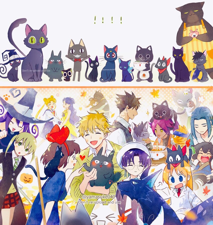 ! !! 5boys 6+girls ^_^ animal animal_on_head animalization artist_name bishoujo_senshi_sailor_moon black_cat black_hair blair_(soul_eater) bleach blonde_hair bowl bunzo_(red_cat_ramen) cardcaptor_sakura cat chopsticks closed_eyes crossover daijin_(suzume) dark-skinned_female dark_skin dekiru_neko_wa_kyou_mo_yuuutsu doko_demo_issho food fukuzawa_saku green_eyes haikyuu!! hat heart highres hiiragizawa_eriol holding holding_bowl holding_chopsticks holding_hands holding_leaf hug inoue_toro iwato_suzume jiji_(majo_no_takkyuubin) kiki_(majo_no_takkyuubin) kuro_(doko_demo_issho) kuroo_tetsurou leaf long_hair luna_(sailor_moon) luna_(sailor_moon)_(human) luo_xiaohei luo_xiaohei_(cat) luo_xiaohei_(human) luo_xiaohei_zhanji majo_no_takkyuubin maka_albarn multiple_boys multiple_girls nichijou noodles on_head open_mouth orange_cat person_and_animalization professor_shinonome purple_hair ramen red_cat_ramen sabu_(red_cat_ramen) sadaijin_(suzume) sakamoto_(nichijou) school_uniform shihouin_yoruichi shihouin_yoruichi_(cat) shima_sousuke short_hair skip_to_loafer smile soul_eater spinel_sun steam suzume_no_tojimari tomoeda_elementary_school_uniform trait_connection tsukino_usagi twitter_username witch_hat wuxian_(the_legend_of_luoxiaohei) yamasuke040 yellow_eyes yukichi_(dekiru_neko_wa_kyou_mo_yuuutsu)