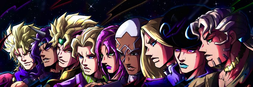 6+boys absurdres acca_howler araki_hirohiko_(style) battle_tendency beard black_eyes black_necktie blonde_hair blue_eyes blue_lips brown_shirt buzz_cut closed_mouth coat collared_shirt colored_eyelashes commentary dark-skinned_male dark_skin diamond_wa_kudakenai diavolo dio_brando earrings english_commentary enrico_pucci facial_hair fangs frown funny_valentine green_eyes green_headband green_shirt grey_hair grin group_picture headband highres horns in-franchise_crossover jacket jewelry jojo_no_kimyou_na_bouken jojolion kars_(jojo) kira_yoshikage long_hair makeup male_focus messy_hair multiple_boys necklace necktie noonvincent parted_lips phantom_blood pink_coat pink_hair ponytail purple_eyes purple_hair purple_jacket purple_lips purple_scarf purple_shirt red_shirt scarf serious shirt short_hair sky smile star_(sky) stardust_crusaders starry_sky steel_ball_run stone_ocean striped_clothes striped_shirt teeth the_jojolands time_paradox tooru_(jojolion) vampire vento_aureo very_short_hair white_eyelashes white_hair yellow_eyes