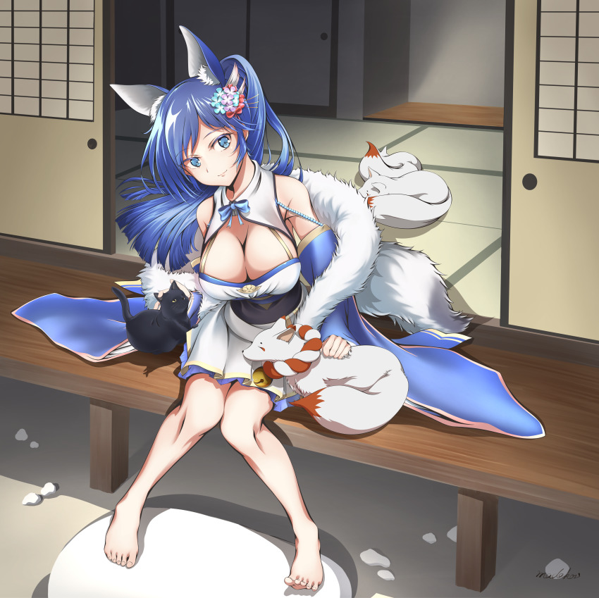 1girl absurdres animal_ear_fluff architecture azur_lane barefoot bell blue_dress blue_hair breasts chrysanthemum detached_sleeves dress east_asian_architecture emblem flower fox fox_tail fur_scarf highres indoors japanese_clothes jingle_bell jintsuu_(azur_lane) large_breasts madakov_kodima neck_bell open_door ponytail rope sash shimenawa sitting sliding_doors smile solo tail tatami veranda white_dress wide_sleeves wooden_floor
