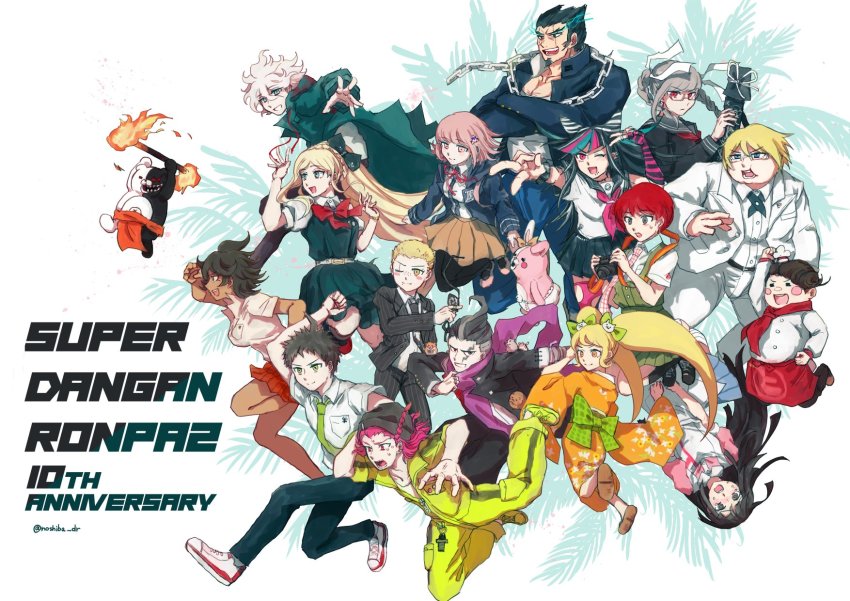 6+boys 6+girls :d ahoge animal anniversary apron belt black_hair black_jacket black_necktie black_pants black_sailor_collar black_scrunchie black_shirt black_thighhighs blonde_hair blue_hair blush_stickers bow bowtie braid breast_pocket breasts brown_belt brown_hair brown_skirt camera cat_hair_ornament chain cham-p chef chef_hat clenched_hand collarbone copyright_name crossed_arms danganronpa_(series) danganronpa_2:_goodbye_despair dark-skinned_female dark_skin diaper dress dress_shirt drill_hair ear_bow ear_piercing everyone fat fat_man floral_print formal_clothes galaga glasses green_bow green_dress green_jacket green_necktie green_pants grey_apron grey_background grey_hair grey_sailor_collar grey_shirt hair_horns hair_ornament hair_ribbon hanamura_teruteru hand_up hat highres hinata_hajime holding holding_camera jacket japanese_clothes jewelry jum-p jumpsuit kamukura_izuru kimono koizumi_mahiru komaeda_nagito kuzuryu_fuyuhiko large_breasts long_hair maga-g medium_hair messy_hair miniskirt mioda_ibuki monokuma monomi_(danganronpa) mouth_piercing multicolored_hair multiple_boys multiple_girls muscular muscular_male nanami_chiaki neckerchief necklace necktie nidai_nekomaru obi open_clothes open_jacket open_mouth orange_kimono owari_akane palm_tree pants pekoyama_peko piercing pinafore_dress pink_eyes pink_hair pink_neckerchief pink_shirt plaid_clothes plaid_necktie pleated_skirt pocket puffy_short_sleeves puffy_sleeves red_bow red_bowtie red_footwear red_hair red_skirt ribbon sailor_collar saionji_hiyoko sash scar scar_across_eye scar_on_face school_uniform scrunchie semi-rimless_eyewear serafuku shirt shirt_tucked_in shoes short_hair short_sleeves side_braid skirt sleeveless sleeveless_dress smile soda_kazuichi sonia_nevermind striped_clothes striped_jacket striped_pants suit sun-d sweat tanaka_gundham teeth tetose thighhighs togami_byakuya_(danganronpa_2) torn_clothes torn_legwear tree tsumiki_mikan twintails two-tone_shirt upper_teeth_only upside-down v white_footwear white_hair white_jacket white_pants white_ribbon white_shirt white_suit wrist_scrunchie yellow_jumpsuit