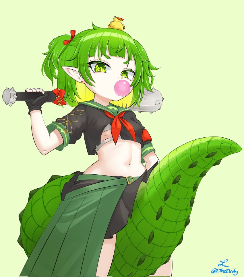 baby_animal between_legs bird black_skirt breasts chewing_gum crocodile_girl crocodilian_tail duck duckling fingerless_gloves gloves green_eyes green_hair highres lthedeity midriff navel nitya_nil school_uniform skirt spiked_bat tail tail_between_legs torn_clothes underboob