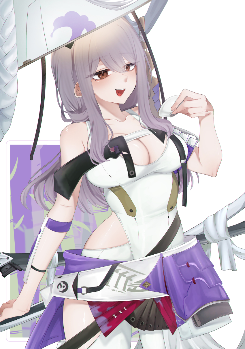 1girl :d absurdres bare_shoulders bibie307 blush breasts brown_eyes cleavage cup goddess_of_victory:_nikke hair_between_eyes hat highres katana long_hair medium_breasts open_mouth purple_hair sakazuki scarlet_(nikke) simple_background smile solo sword weapon white_background