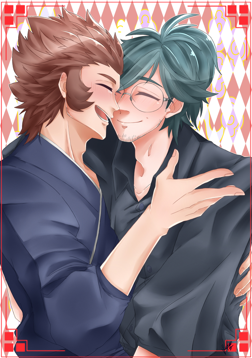 2boys absurdres artist_name azama_(fire_emblem) beard blue_hair blush brown_hair closed_eyes facial_hair fire_emblem fire_emblem_fates glasses highres hug japanese_clothes male_focus multiple_boys nintendo open_mouth ponytail teeth yaoi yukimura_(fire_emblem)
