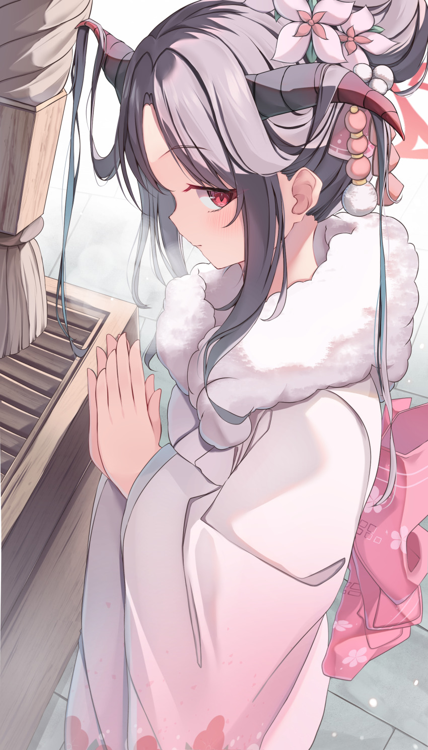 1girl absurdres black_hair blue_archive demon_horns flower fur-trimmed_kimono fur_collar fur_scarf fur_trim fuuka_(blue_archive) fuuka_(new_year)_(blue_archive) gourmet_research_society_(blue_archive) gradient_clothes gradient_kimono hair_bun hair_flower hair_on_horn hair_ornament halo hatsumoude highres horns japanese_clothes kimono long_hair looking_at_viewer looking_back motor_vehicle new_year obi osechi own_hands_together paru_364364 pink_kimono print_kimono red_eyes red_halo sash scooter white_kimono