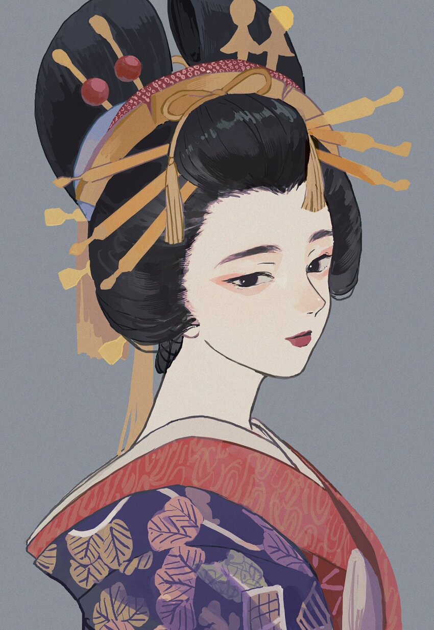 1girl black_eyes black_hair closed_mouth datehyogo eyeshadow forehead from_side grey_background hair_ornament hair_ribbon hair_stick highres japanese_clothes kanzashi kimono makeup nanohanairo nihongami oiran original patterned_clothing red_eyeshadow red_lips ribbon simple_background solo yellow_ribbon