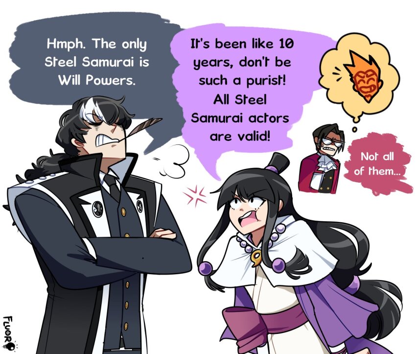 1girl 3boys ace_attorney anger_vein ascot black_hair black_necktie blunt_bangs collared_shirt commentary english_commentary english_text facial_hair feather_in_mouth fluorart formal_clothes goatee grey_hair hair_ornament half_updo jacket japanese_clothes jewelry kimono larry_butz long_hair long_sleeves magatama magatama_necklace maya_fey miles_edgeworth multicolored_hair multiple_boys necklace necktie phoenix_wright:_ace_attorney_-_spirit_of_justice shirt short_hair sidelocks simon_blackquill speech_bubble spiked_hair suit thought_bubble two-tone_hair white_hair