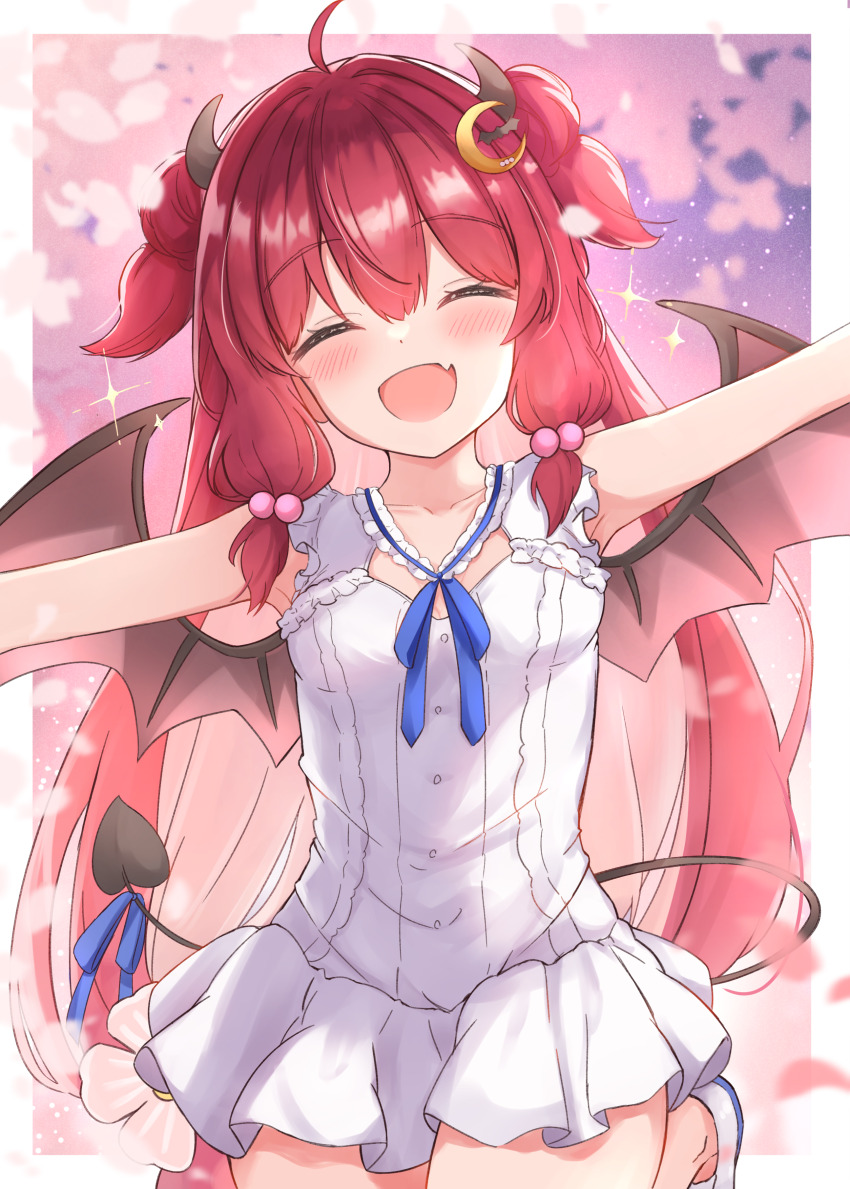 1girl absurdres ahoge bat_hair_ornament blush brown_wings closed_eyes collarbone crescent crescent_hair_ornament demon demon_girl demon_horns demon_tail demon_wings fang flower hair_between_eyes hair_ornament heterochromia highres horns long_hair matcha_november nijisanji open_mouth red_hair smile tail two_side_up very_long_hair virtual_youtuber wings yuzuki_roa