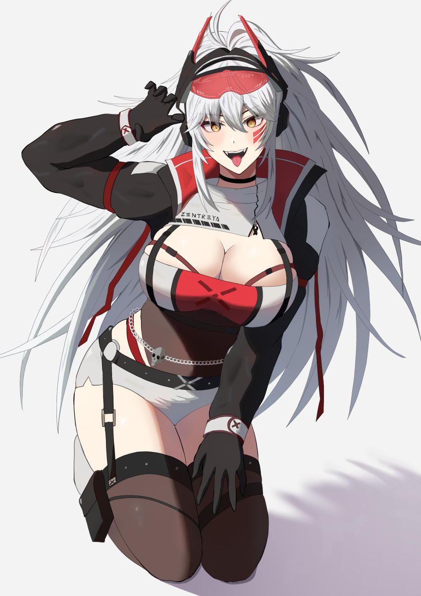 1girl absurdres black_choker black_gloves black_jacket black_thighhighs breasts choker cleavage cleavage_cutout clothing_cutout gloves grey_hair highres jacket large_breasts leotard leotard_under_clothes long_hair looking_at_viewer meibin open_mouth ponytail red_shrug shorts shrug_(clothing) smile solo teeth thighhighs tongue tongue_out two-tone_shrug very_long_hair virtual_youtuber vshojo white_shorts white_shrug yellow_eyes zentreya zentreya_(cyborg) zentreya_(cyborg)_(zen_2.0)