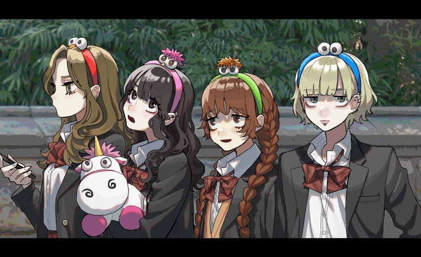 4girls black_hair black_jacket blonde_hair blue_hairband bow bowtie braid brown_eyes brown_hair buttons cellphone closed_mouth collared_shirt commentary_request cookie_monster diagonal-striped_bow diagonal-striped_bowtie diagonal-striped_clothes dress_shirt earrings elmo eyelashes green_eyes green_hairband hairband hand_up highres holding holding_phone holding_stuffed_toy jacket jewelry letterboxed long_hair long_sleeves looking_at_phone looking_up multiple_earrings multiple_girls open_clothes open_jacket open_mouth orange_sweater_vest original phone pink_hairband red_bow red_bowtie red_hairband school_uniform sesame_street shirt shirt_tucked_in short_hair sideways_glance smartphone striped_clothes stuffed_toy stuffed_unicorn sweater_vest twin_braids wavy_hair white_shirt yoshioka_suke