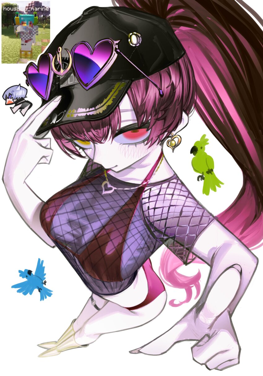 2girls absurdres baseball_cap bikini bird black_hat breasts chibi chibi_inset closed_mouth earrings fishnet_top fishnets from_above grey_hair hat heart heart-shaped_eyewear heart_earrings heart_necklace heterochromia highres hololive hololive_english houshou_marine jewelry koseki_bijou large_breasts long_hair multiple_girls necklace parrot pink_eyes pink_hair pointing pointing_at_viewer ponytail pungson_mori purple-tinted_eyewear red_bikini screenshot_inset simple_background solo_focus standing sunglasses swimsuit tinted_eyewear virtual_youtuber white_background yellow_eyes