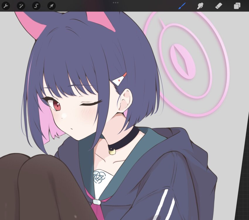 1girl animal_ears art_program_in_frame art_program_request black_choker black_jacket black_pantyhose blue_archive blush cat_choker cat_ears choker collarbone colored_inner_hair commentary green_sailor_collar grey_background hair_ornament hairpin halo highres hood hood_down hooded_jacket jacket kazusa_(blue_archive) knees_up kurumi_kororin looking_at_viewer medium_hair multicolored_hair neckerchief one_eye_closed pantyhose pink_hair pink_halo pink_neckerchief pout purple_hair red_eyes sailor_collar screencap sidelocks sitting solo symbol-only_commentary