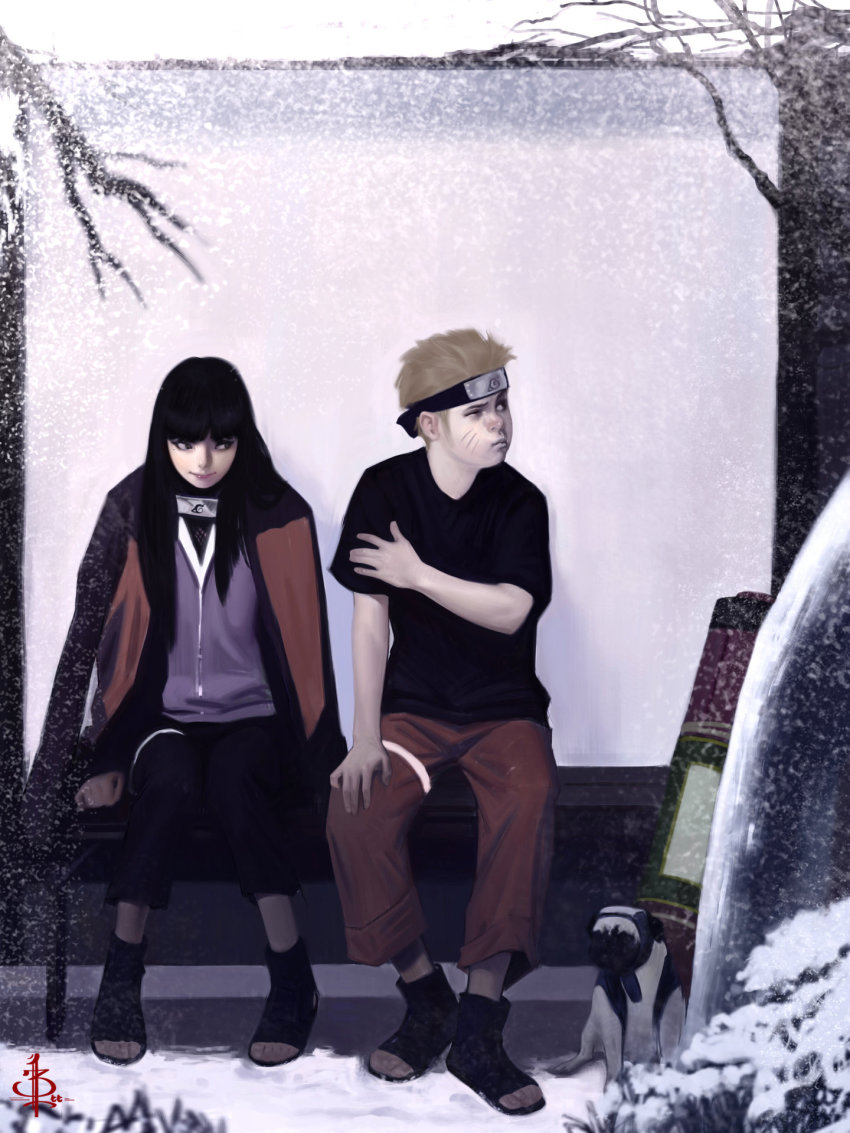 1boy 1girl blonde_hair byan_lee couple dog forehead_protector highres hime_cut hyuuga_hinata jacket naruto_(series) naruto_shippuuden pakkun_(naruto) realistic scroll sitting smile snow snowing uzumaki_naruto whiskers