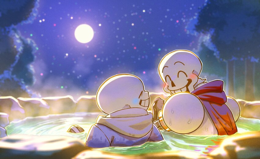 2boys armor black_shorts blue_jacket blush closed_eyes forest grin highres jacket korokor59513559 male_focus multiple_boys nature night onsen papyrus_(undertale) red_scarf sans_(undertale) scarf shorts skeleton smile teeth undertale water wet wet_clothes white_armor