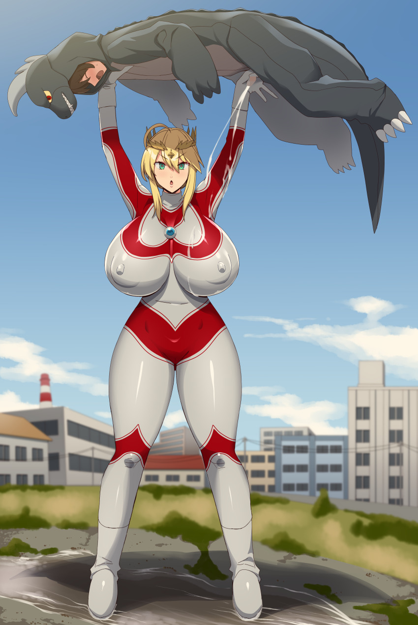 1boy 1girl absurdres age_difference ahoge artoria_pendragon_(fate) artoria_pendragon_(lancer)_(fate) blurry blurry_background bodysuit breasts brown_hair building censored closed_eyes cloud commentary_request cosplay covered_erect_nipples crown cum cum_on_clothes ejaculation fate/grand_order fate_(series) full_body green_eyes grey_bodysuit hair_between_eyes hair_ornament handjob highres huge_breasts kloah lips mosaic_censoring multicolored_bodysuit onee-shota open_mouth shadow sidelocks sky sweat tokusatsu