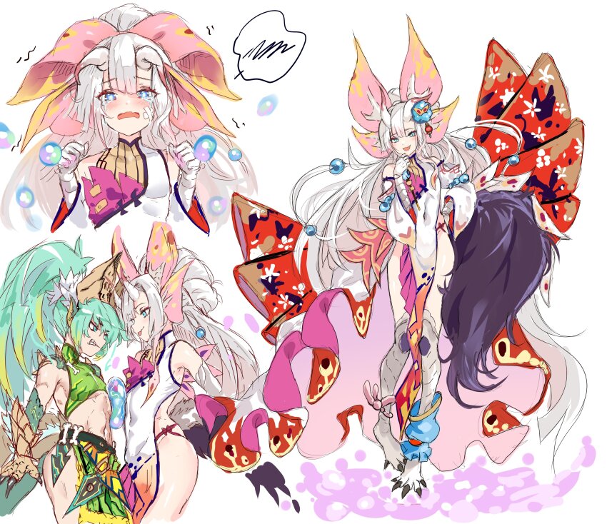 2girls absurdres aqua_hair blue_eyes fins head_fins highres long_hair mizutsune monster_girl monster_hunter_(series) monster_hunter_rise multiple_girls personification tail tears umitsuki white_background white_hair wide_sleeves zinogre