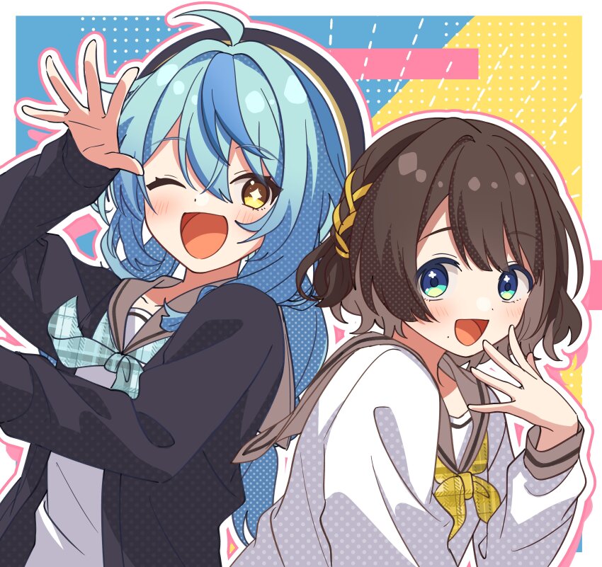 +_+ 2girls :d ;d absurdres ahoge aqua_eyes aqua_hair aqua_neckerchief black_jacket blue_background blue_eyes blue_hair blush border brown_hair brown_sailor_collar commentary_request hair_between_eyes hair_intakes hair_ribbon hand_up highres jacket long_hair long_sleeves looking_at_viewer low_twintails mikawa_ayumu mole mole_under_mouth multicolored_eyes multicolored_hair multiple_girls neckerchief nijisanji one_eye_closed open_clothes open_jacket open_mouth outline outside_border parted_bangs pink_outline plaid_clothes plaid_neckerchief polka_dot ribbon sailor_collar school_uniform serafuku shiga_riko shirt short_hair simple_background smile streaked_hair tamanoi_nana twintails upper_body virtual_youtuber white_border white_outline white_shirt yellow_background yellow_eyes yellow_neckerchief yellow_ribbon