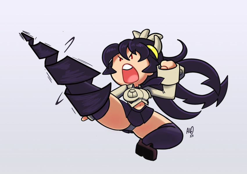 1boy 1girl 2025 action arm_up artist_name black_necktie black_panties black_thighhighs breasts brown_footwear chibi clenched_hands collared_shirt commentary dated filia_(skullgirls) full_body grey_background kicking large_breasts leg_up long_hair long_sleeves looking_ahead midair midriff miniskirt navel necktie open_mouth panties pantyshot phons0 prehensile_hair red_eyes samson_(skullgirls) school_uniform shirt simple_background skirt skullgirls sleeve_cuffs teeth thick_thighs thighhighs thighs underwear upper_teeth_only white_shirt