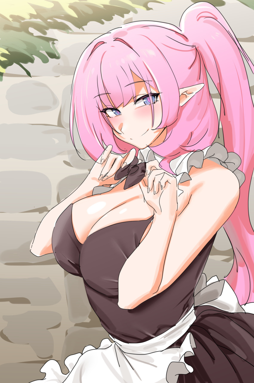 1girl alternate_costume apron black_bow black_bowtie black_dress blue_eyes bow bowtie breasts cleavage dated_commentary dress elf elysia_(honkai_impact) highres honkai_(series) honkai_impact_3rd large_breasts long_hair looking_at_viewer maid_apron pink_hair pointy_ears ponytail saki_(remainaddd) smile solo white_apron