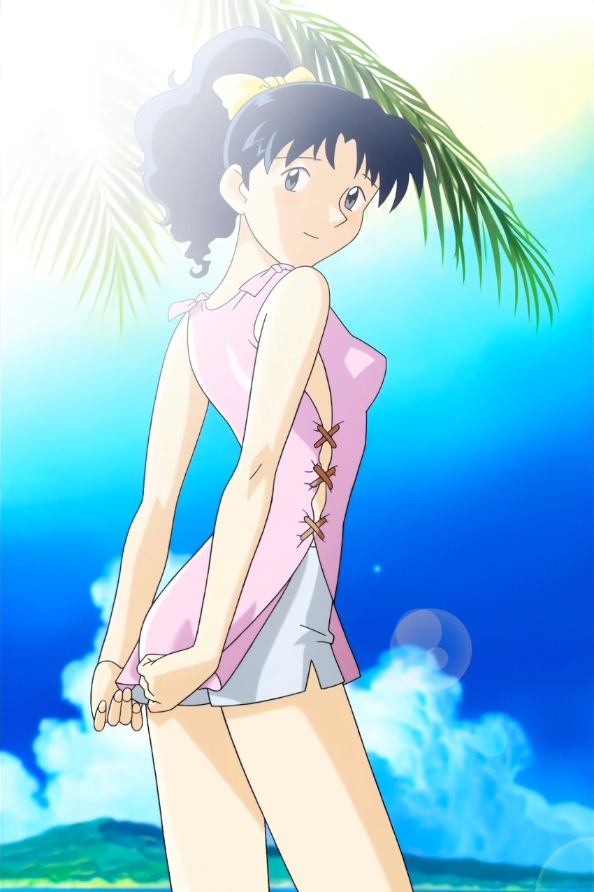 beach blue_eyes blush bromide cloud hands_behind highres lunar lunar:_the_silver_star mia_ausa official_art ponytail ribbon sky smile sun swimsuit tree yellow_ribbon
