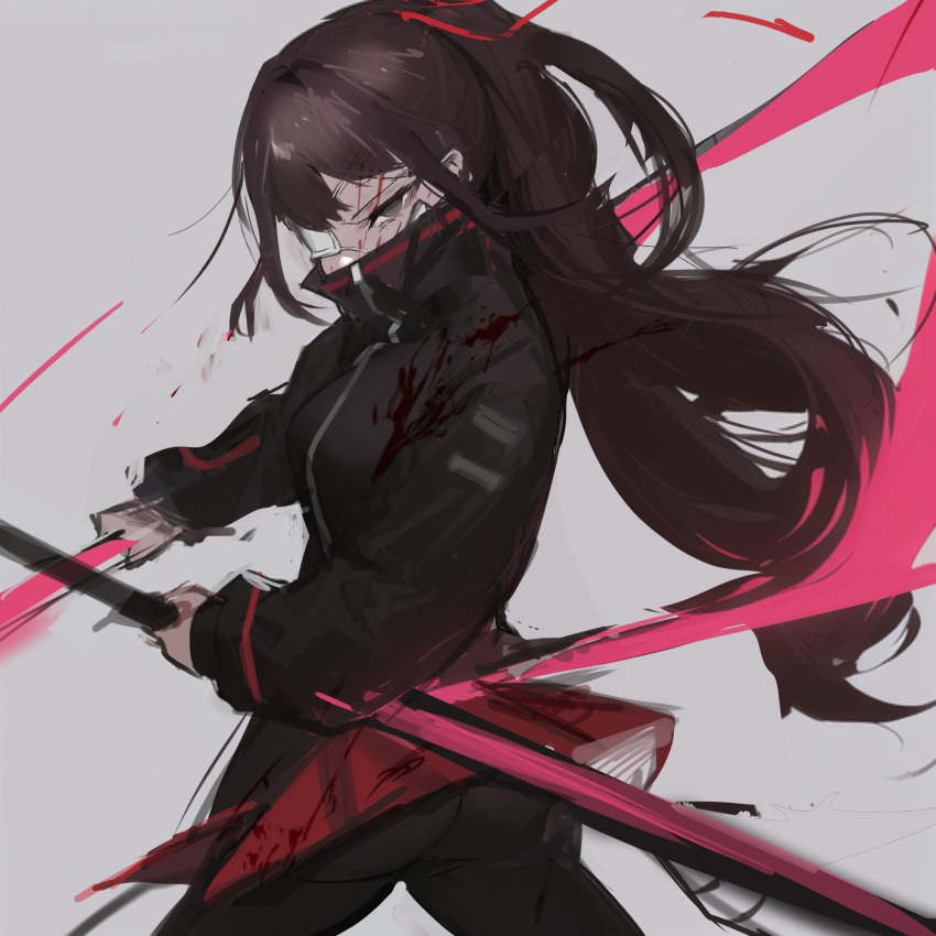 1girl ass black_jacket black_pantyhose brown_hair chuhaibane eyepatch grey_background grey_eyes hair_ribbon half_updo highres holding holding_sheath holding_sword holding_weapon jacket library_of_ruina long_hair long_sleeves looking_at_viewer medical_eyepatch pantyhose project_moon red_ribbon red_skirt ribbon sheath shi_association_south_uniform simple_background skirt solo sword tenma_(project_moon) unsheathing very_long_hair weapon