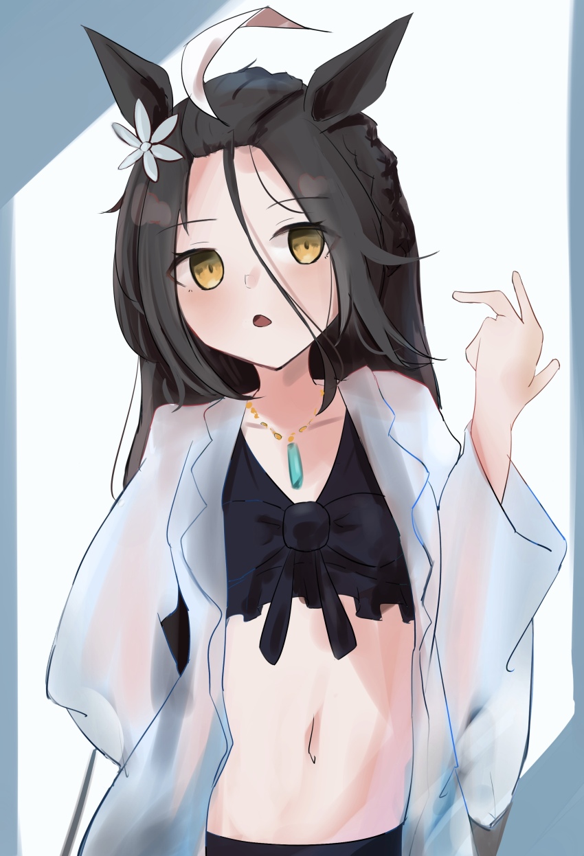1girl absurdres ahoge animal_ears bikini black_bikini black_hair breasts ear_flower hair_between_eyes hand_up highres horse_ears horse_girl izi_dw jacket jewelry long_hair manhattan_cafe_(the_bubbles_that_i_see_with_you)_(umamusume) manhattan_cafe_(umamusume) multicolored_hair navel necklace official_alternate_costume official_alternate_hairstyle open_mouth see-through_clothes see-through_jacket small_breasts solo swimsuit two-tone_hair umamusume white_hair yellow_eyes