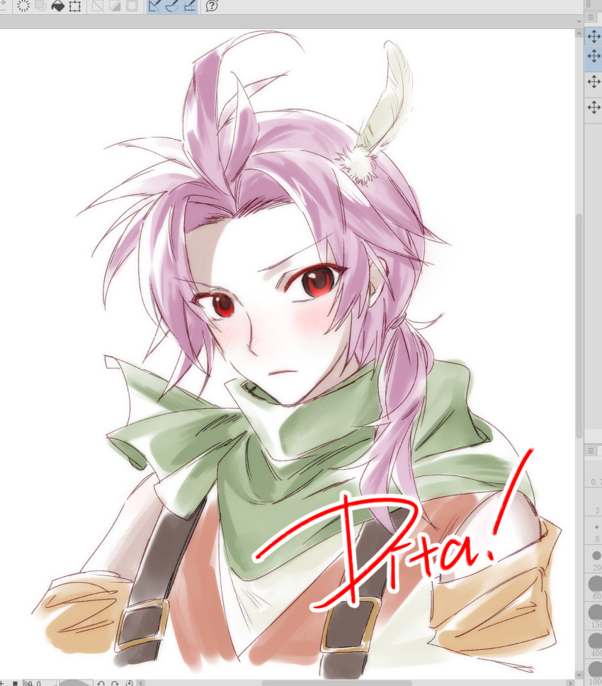 &gt;:( 1boy ahoge art_program_in_frame buckle chinese_commentary closed_mouth commentary_request cropped_torso curtained_hair detached_sleeves dita_iliner english_text feather_hair_ornament feathers green_scarf hair_ornament highres male_focus naokotoysk parted_bangs pink_hair red_eyes saibou_shinkyoku scarf shirt side_ponytail simple_background sleeveless sleeveless_shirt solo v-shaped_eyebrows white_background white_shirt yellow_sleeves
