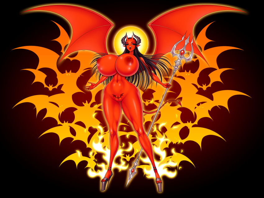 1girl absurdres akiranime bats black_background bouncing_breasts breasts cleavage cleft_of_venus collarbone colored_skin completely_nude cowboy_shot cowgirl_position curvy dark_background demon_girl demon_horns demon_wings devil_girl devil_lady_(akiranime) full_body hell high_heels highres horns huge_areolae huge_breasts huge_nipples legs_apart lips lipstick long_hair looking_at_viewer makeup monster_girl nail_polish navel nipples no_bra no_panties nude original platform_footwear platform_heels platform_high_heels polearm pubic_tattoo pussy red_skin shiny_skin smile solo standing straddling tattoo trident weapon wide_hips wings