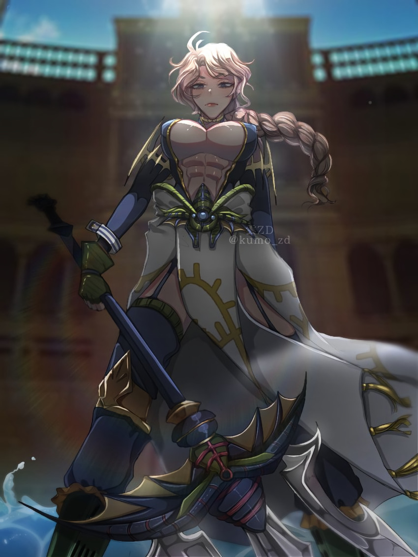1girl abs arena blonde_hair blue_eyes boots breasts cleavage_cutout clothing_cutout female_focus genderswap genderswap_(mtf) goddess_robe highres large_breasts looking_at_viewer looking_down midriff muscular muscular_female navel polearm poseidon_(shuumatsu_no_valkyrie) resized short_hair shuumatsu_no_valkyrie solo third-party_edit threatening trident weapon