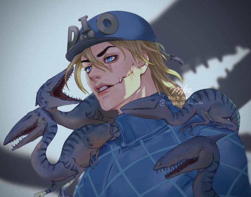 animal animal_on_shoulder argyle_clothes argyle_sweater blonde_hair blue_eyes blue_helmet blue_sweater clenched_teeth commentary_request cracked_skin dated diego_brando dinosaur fangs hair_between_eyes helmet highres hogo_shoku_mkr jojo_no_kimyou_na_bouken medium_hair open_mouth parted_lips scary_monsters_(stand) shadow stand_(jojo) steel_ball_run sweater teeth transformation turtleneck turtleneck_sweater