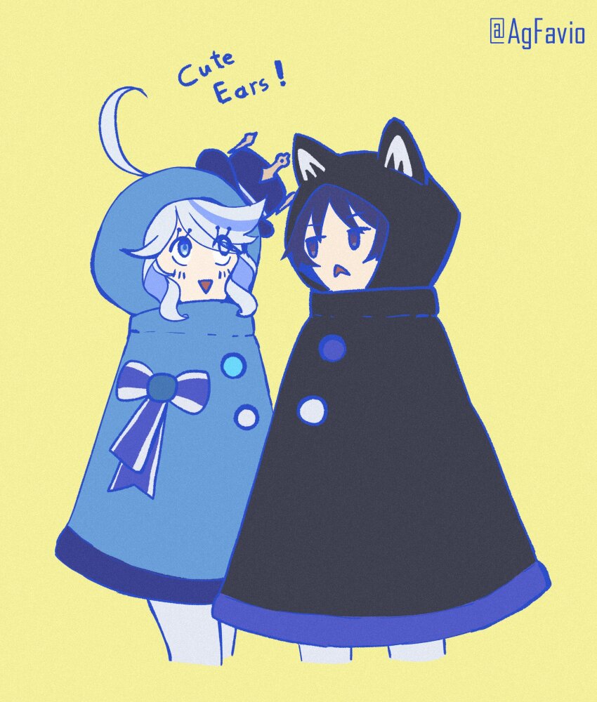 1boy 1girl agfavio ahoge alternate_costume animal_ear_hood black_cloak black_hair black_hood blue_cloak blue_eyes blue_hair blue_hat blue_hood blunt_ends blush bow brown_eyes cloak cropped_legs curly_sidelocks eyelash_ornament fake_animal_ears furina_(genshin_impact) genshin_impact hat highres hood hood_up hooded_cloak jitome looking_at_another looking_up mini_hat mini_top_hat multicolored_hair official_alternate_costume purple_bow scaramouche_(genshin_impact) standing streaked_hair top_hat triangle_mouth twitter_username two-tone_bow wanderer_(genshin_impact) white_bow white_hair yellow_background