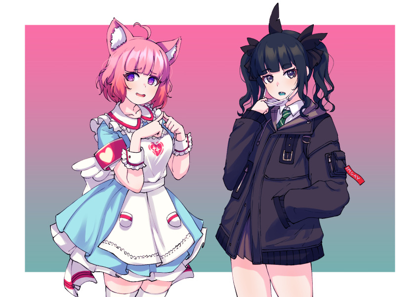 2girls aisu_koffie alternate_costume alternate_hairstyle animal_ear_fluff animal_ears antenna_hair artemis_of_the_blue atelier_live black_hair black_jacket blue_tongue blunt_bangs border cat_ears cat_girl collared_shirt colored_tongue commentary english_commentary gradient_background green_necktie hand_in_pocket heart heart_antenna_hair highres indie_virtual_youtuber jacket mask mouth_mask multiple_girls necktie open_mouth pink_hair shark_fin shark_girl sharp_teeth shirt short_hair teeth twintails valefal_coneri virtual_youtuber wavy_sidelocks white_border
