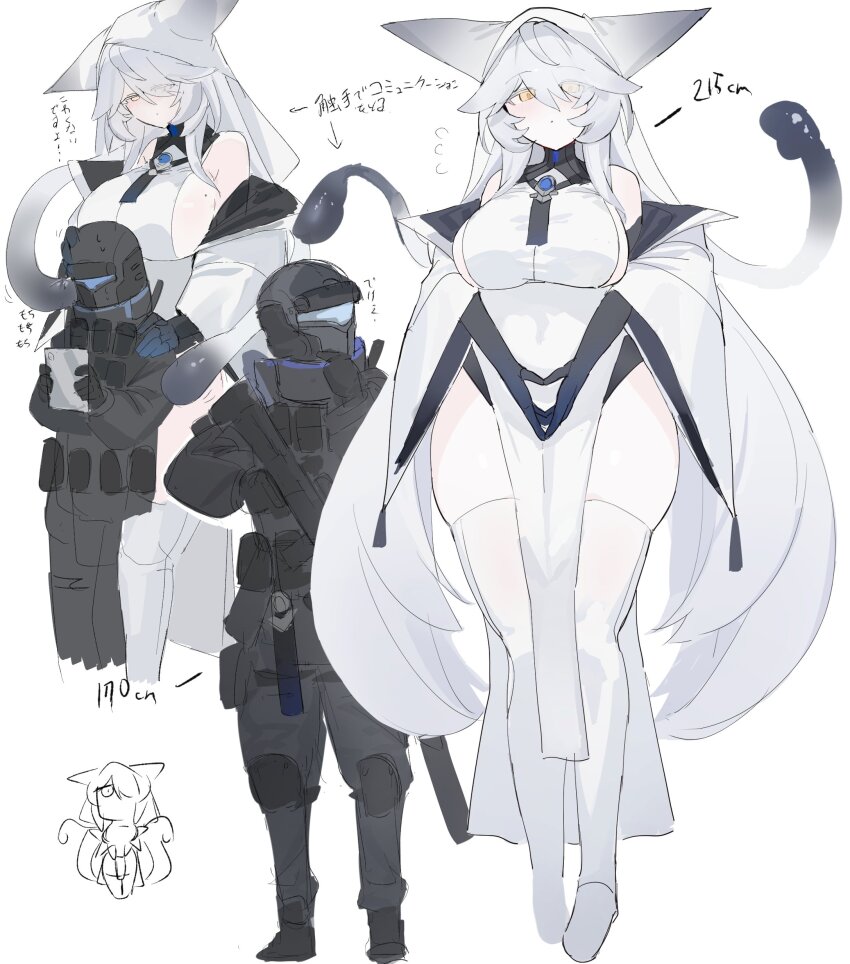 1boy 1girl absurdres boots breasts chibi chibi_inset flying_sweatdrops gloves hair_over_one_eye hassuyu_ni height height_difference helmet highres huge_breasts knee_pads long_hair original pelvic_curtain seamed_legwear side-seamed_legwear sideboob simple_background sketch soldier tactical_clothes tentacle_hair tentacles thighhighs thighs translation_request very_long_hair white_background white_hair yellow_eyes