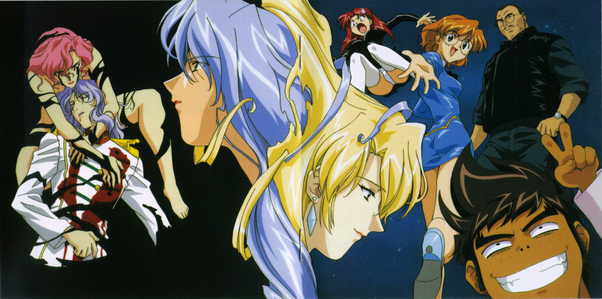 1990s_(style) 3boys 5girls agent_aika aida_gozo aida_rion aika_(series) arm_up ascot ass bare_shoulders barefoot black_ascot black_delmo black_hair black_jacket blood blue_delmo blue_footwear blue_hair blue_jacket brown_eyes brown_hair closed_eyes closed_mouth crotch_seam delmo delmogeny_uniform dual_persona earrings epaulettes facial_hair falling glasses gusto_turbulence hair_down hand_up headband high_heels highres hug injury jacket jewelry lipstick long_hair long_sleeves makeup maypia_alexymetalia multiple_boys multiple_girls neena_hagen night nude official_art open_mouth outstretched_hand panties pants pantyshot pencil_skirt pink_hair pink_lips pleated_skirt profile purple_hair purple_lips red_hair red_headband red_lips retro_artstyle rimless_eyewear round_eyewear rudolf_hagen scan scan_artifacts shirt shivie_aika short_hair skirt smile space spoilers stubble sumeragi_aika sweatdrop transformation underwear v white_jacket white_legwear white_panties yamauchi_noriyasu