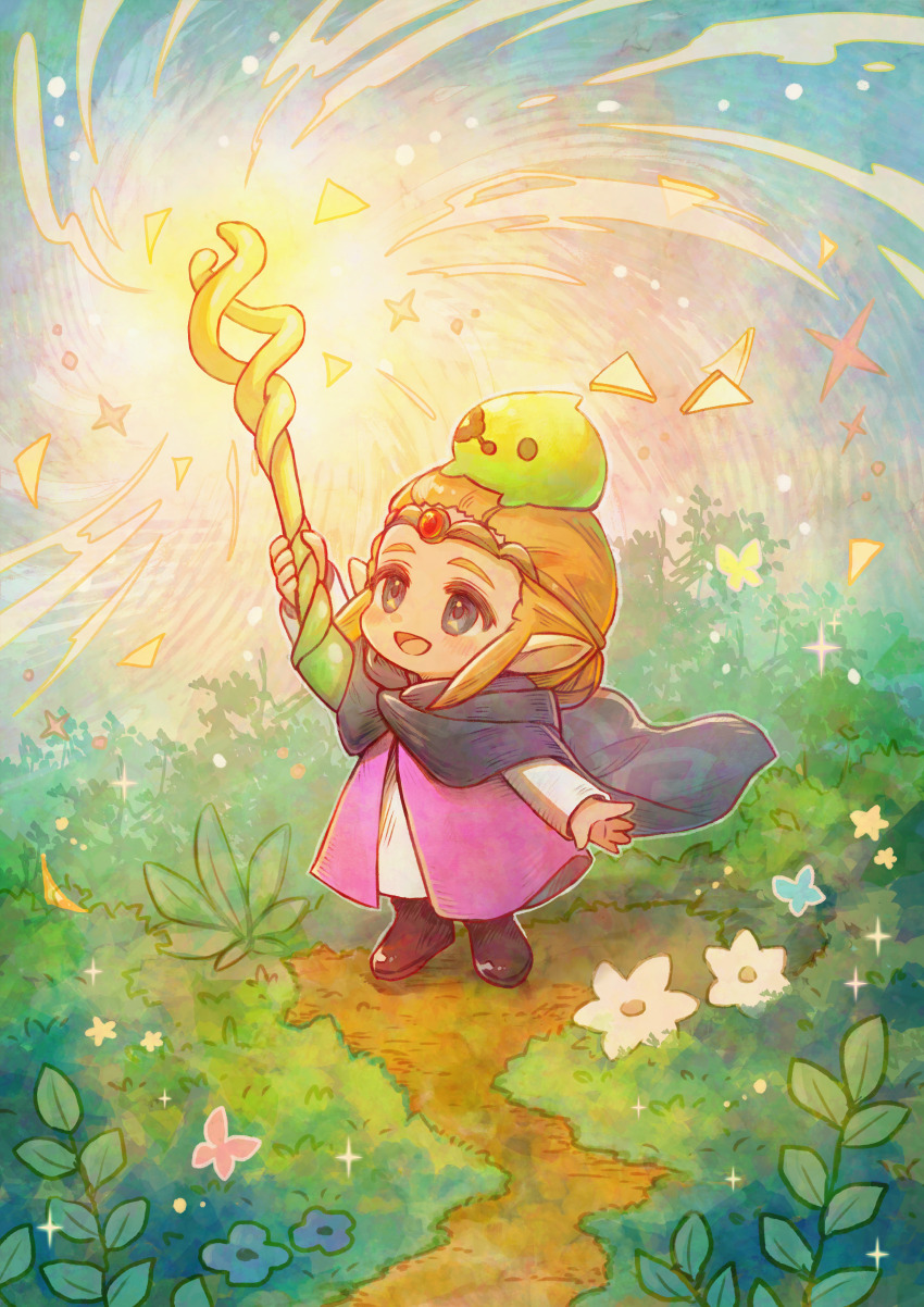 1girl :d absurdres blonde_hair blue_cape cape casting_spell chibi chibi_only circlet commentary_request flower full_body hand_up highres holding holding_staff melty_(corolla) nintendo open_mouth princess_zelda sidelocks smile sparkle staff standing textless_version the_legend_of_zelda the_legend_of_zelda:_echoes_of_wisdom tri_(zelda) tri_rod triforce white_flower