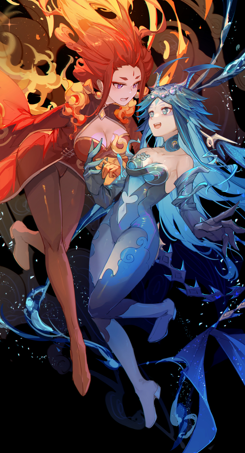 2girls absurdres blue_eyes blue_hair blue_horns bodysuit bonanus_(genshin_impact) breasts cleavage cleavage_cutout clothing_cutout collarbone detached_collar detached_sleeves dress earrings eyeliner facial_mark fiery_hair forehead_jewel forehead_mark genshin_impact high_heels highres hikimayu holding_hands horns indarias_(genshin_impact) jewelry kotatsu_kaya large_breasts looking_at_another medium_breasts multiple_girls open_mouth purple_eyes red_eyeliner red_hair shell_hair_ornament tassel tassel_earrings teeth upper_teeth_only