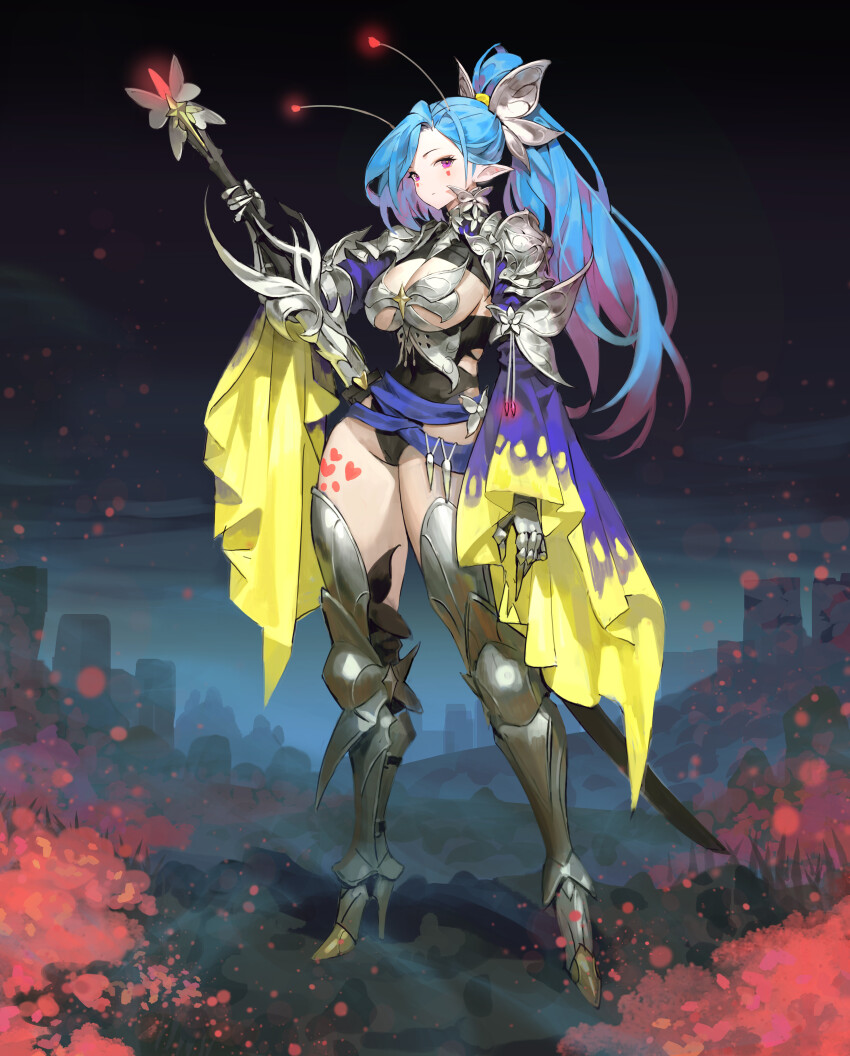 1girl absurdres antennae armor arowana2111 black_leotard blue_hair breastless_clothes breasts butterfly_hair_ornament closed_mouth commentary cuisses dated_commentary facial_mark full_body gauntlets greaves hair_ornament heart high_heels high_ponytail highres holding holding_sword holding_weapon large_breasts leotard long_hair long_pointy_ears looking_at_viewer original pauldrons pointy_ears poleyn ponytail purple_eyes sheath shoulder_armor solo standing sword torn_clothes torn_leotard unsheathing very_long_hair weapon